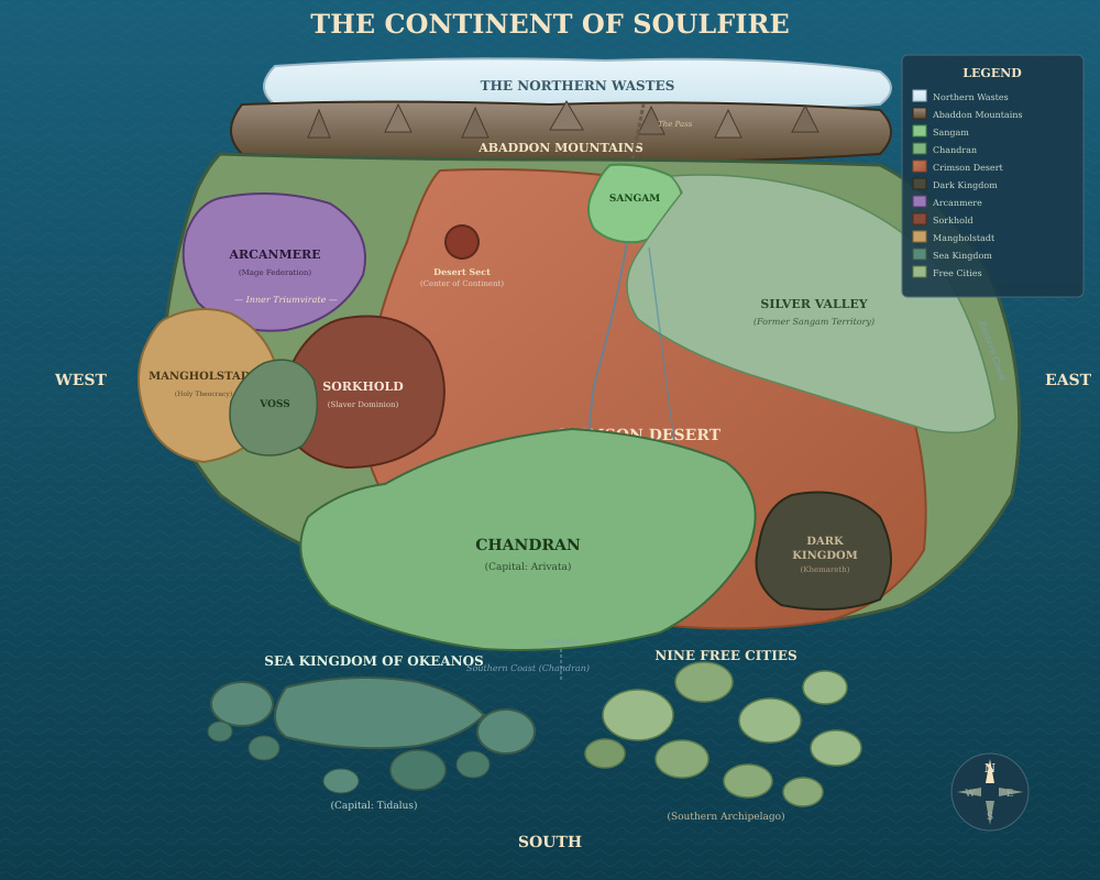 The Continent of Soulfire — showing Sangam, Chandran, the Northern Wastes, Arcanmere, Mangholstadt, Sorkhold, the Dark Kingdom, the Sea Kingdom of Okeanos, and the Nine Free Cities